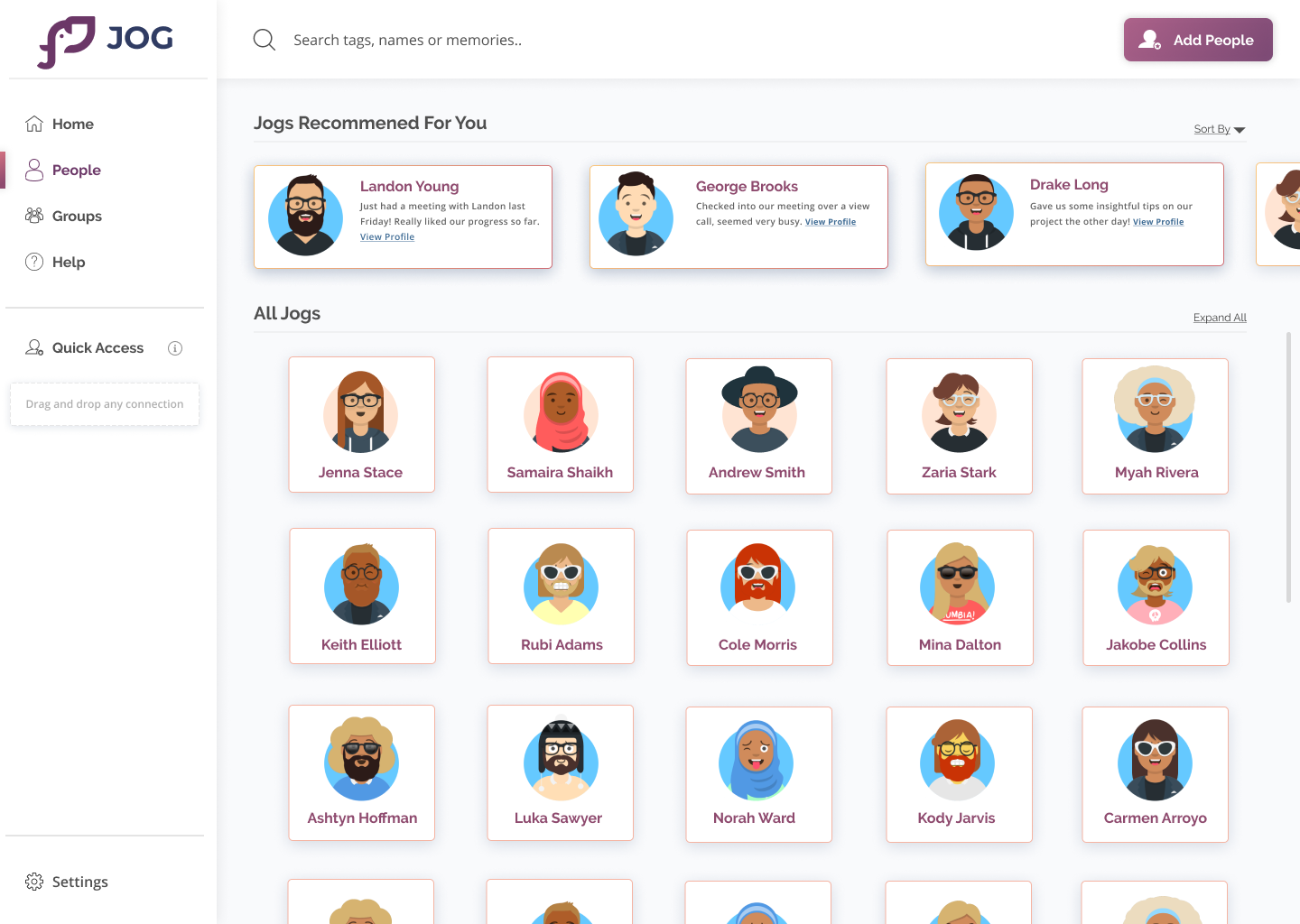 A mockup of Jog people page