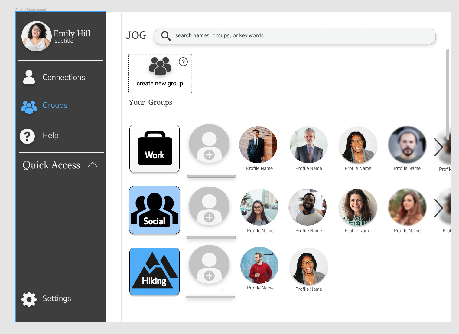 Wireframe of Jog group page
