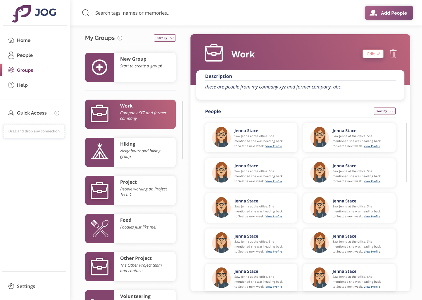 Mockup of Jog group page