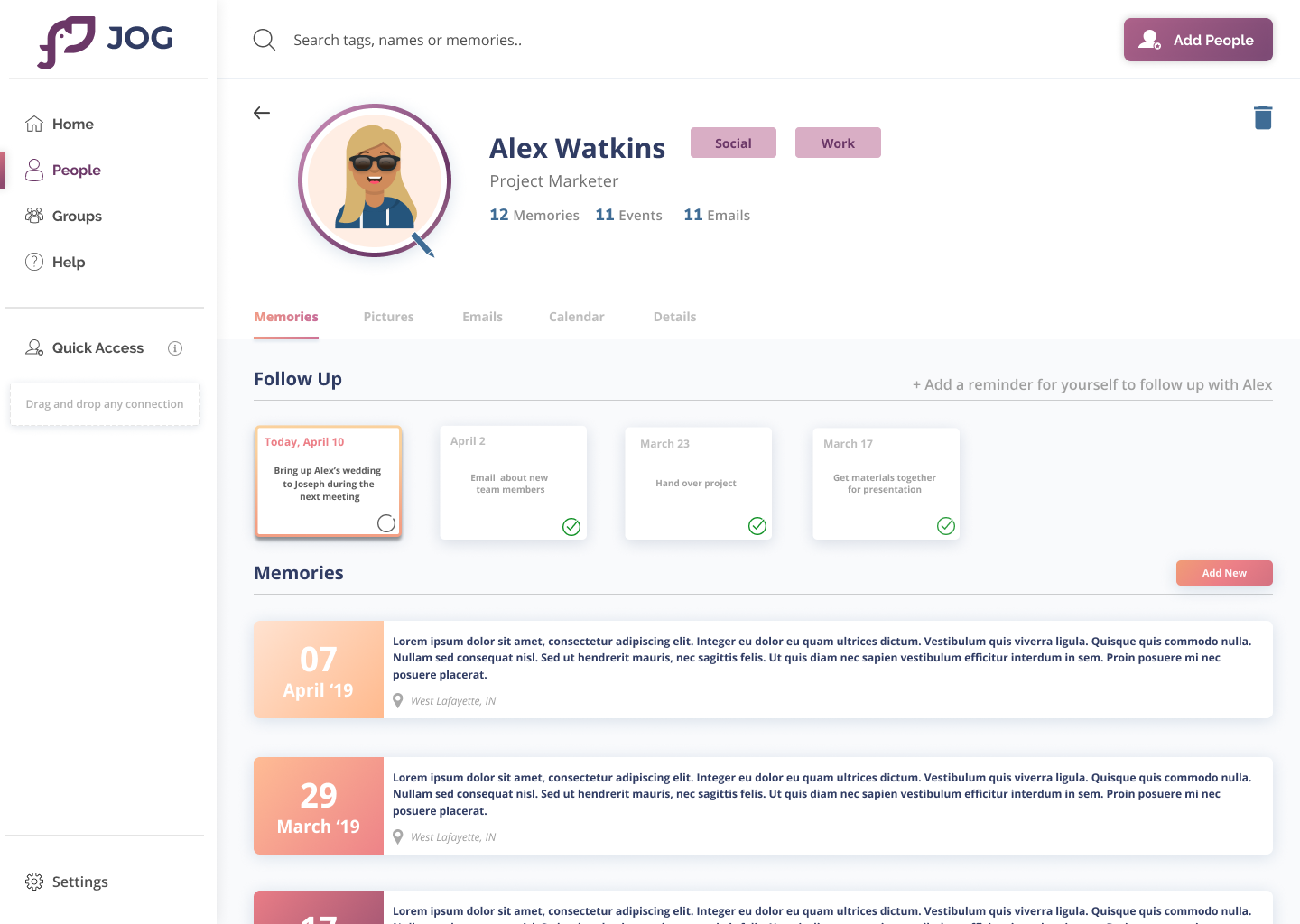 A mockup of Jog profile page